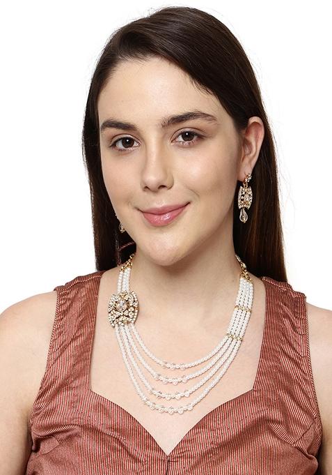 Multi Strand Pearl Strings Gold Plated Side Brooch Long Necklace