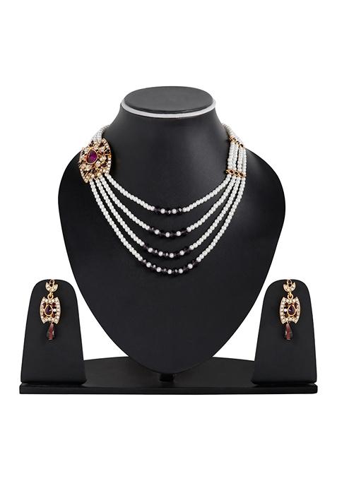 Multi Strand Pearl Strings Gold Plated Side Brooch Long Necklace