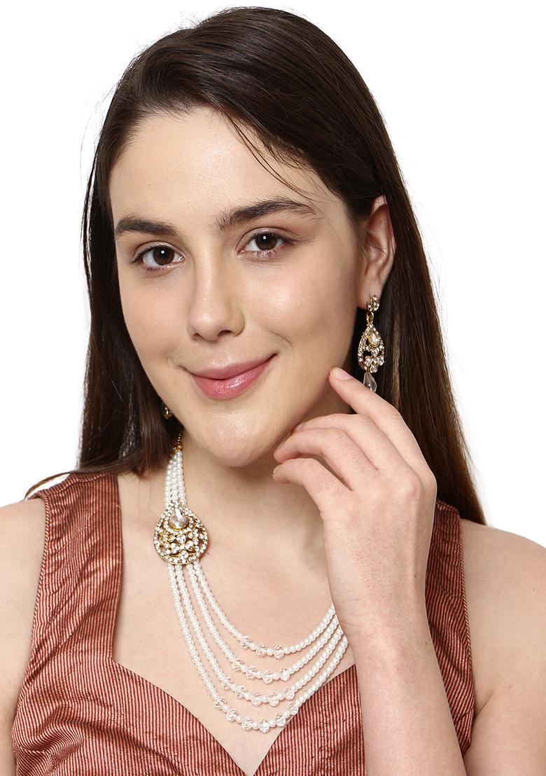 Multi Strand Pearl Strings Gold Plated Side Brooch Long Necklace