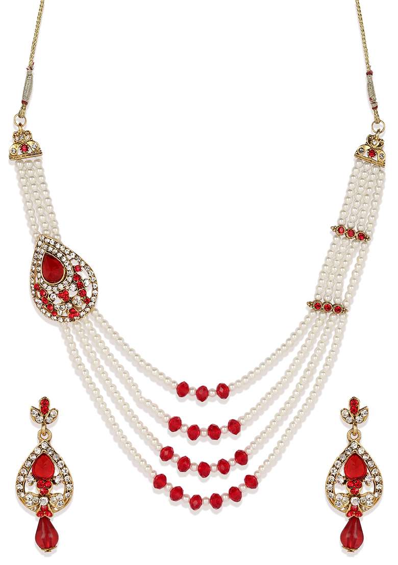 Multi Strand Pearl Strings Gold Plated Side Brooch Long Necklace - Indya
