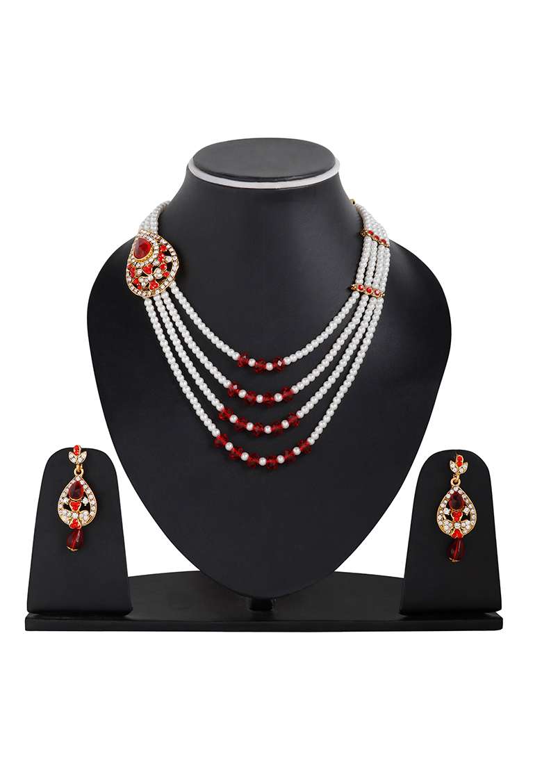 Multi Strand Pearl Strings Gold Plated Side Brooch Long Necklace - Indya
