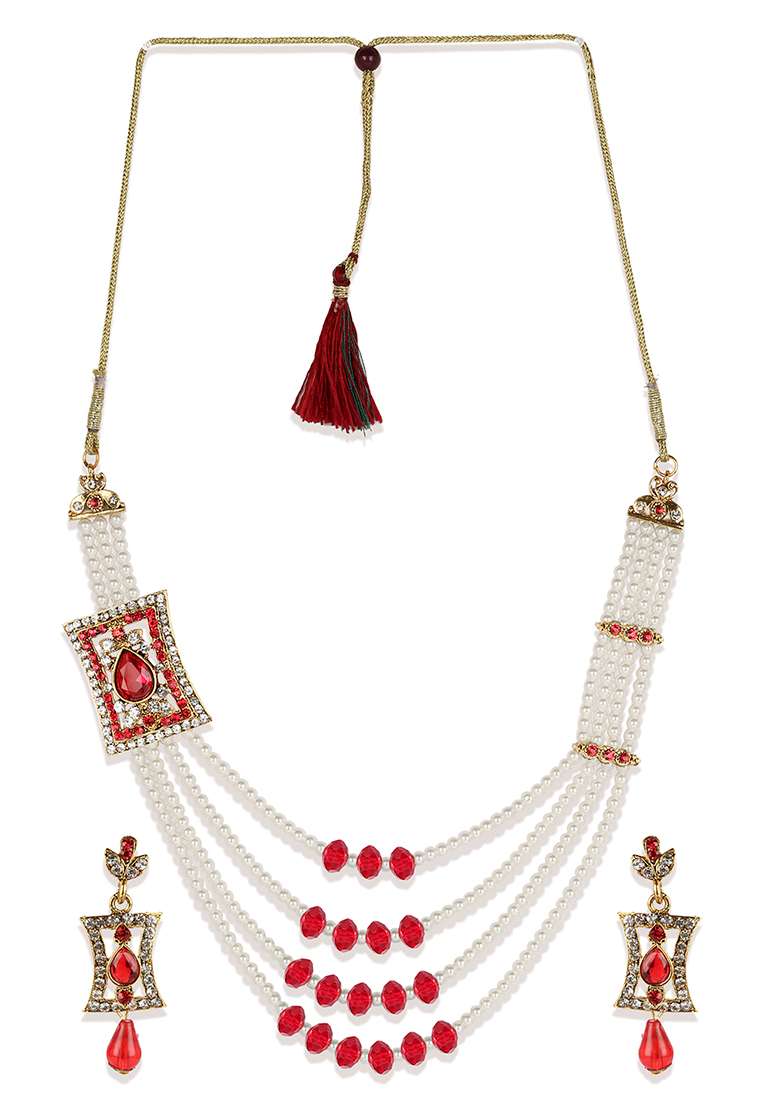Multi Strand Pearl Strings Gold Plated Side Brooch Long Necklace - Indya