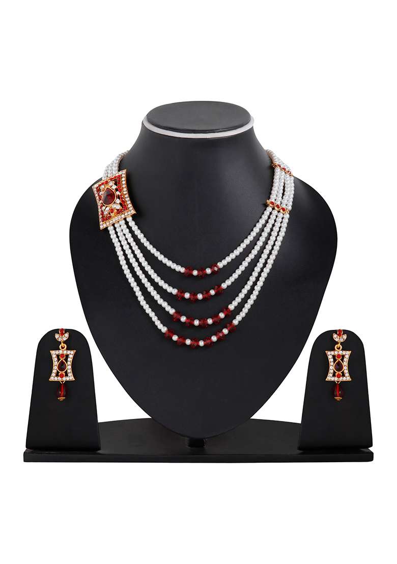 Multi Strand Pearl Strings Gold Plated Side Brooch Long Necklace - Indya