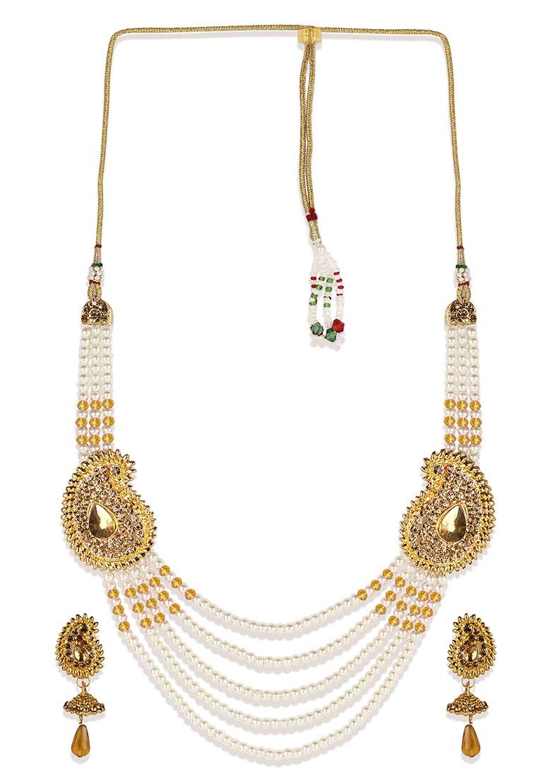 Multi Strand Pearl Strings Gold Plated Two Side Brooch Long Necklace - Indya