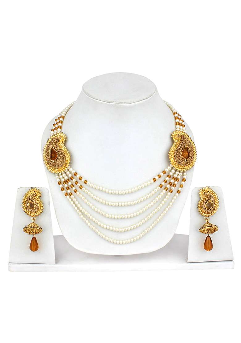 Multi Strand Pearl Strings Gold Plated Two Side Brooch Long Necklace - Indya