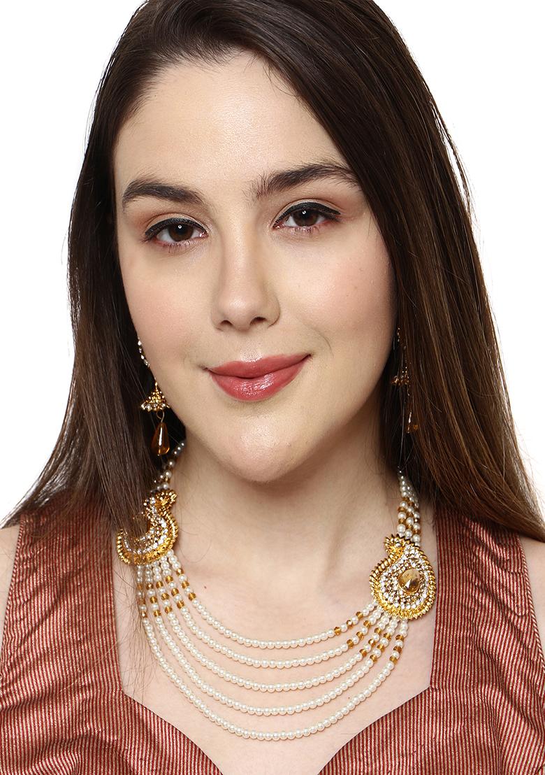 Multi Strand Pearl Strings Gold Plated Two Side Brooch Long Necklace