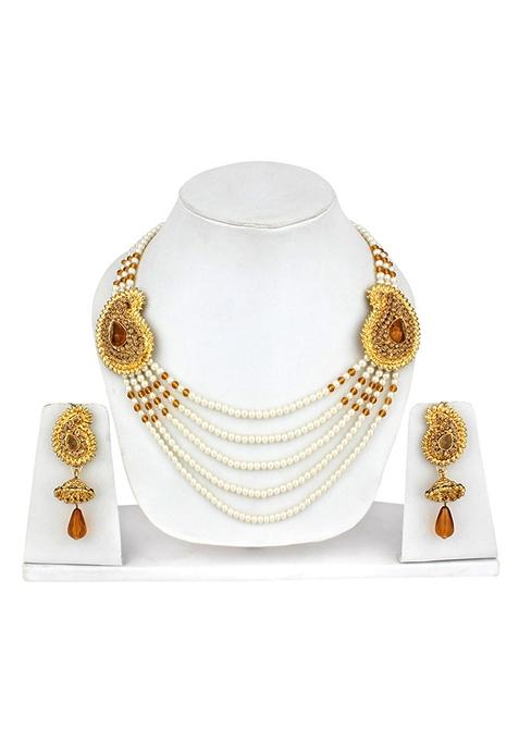 Multi Strand Pearl Strings Gold Plated Two Side Brooch Long Necklace