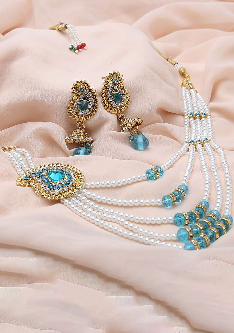 Multi Strand Pearl Strings Gold Plated Side Brooch Long Necklace - Indya