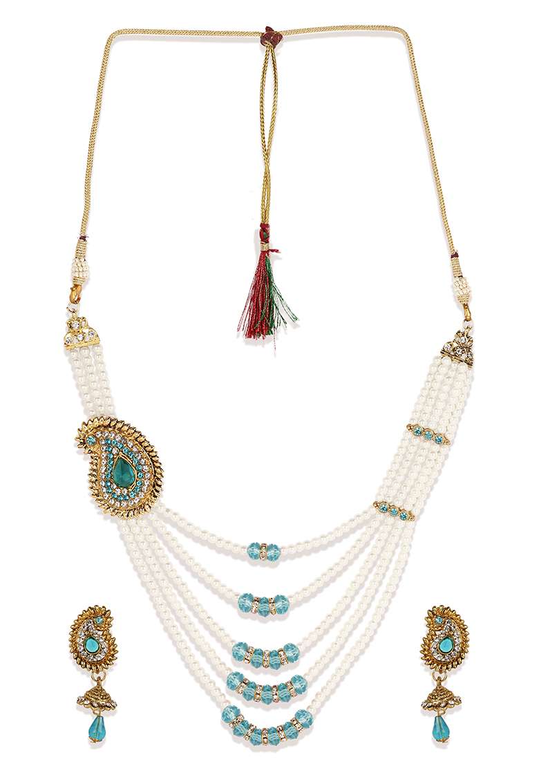 Multi Strand Pearl Strings Gold Plated Side Brooch Long Necklace - Indya