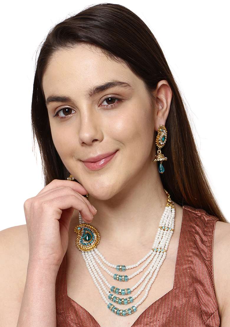 Multi Strand Pearl Strings Gold Plated Side Brooch Long Necklace - Indya