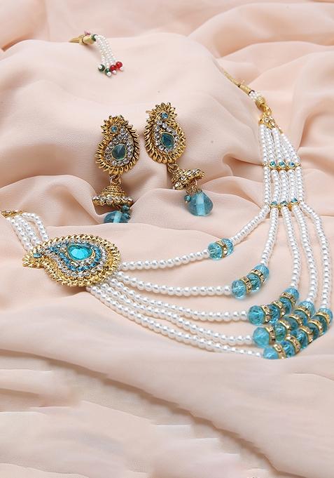 Multi Strand Pearl Strings Gold Plated Side Brooch Long Necklace