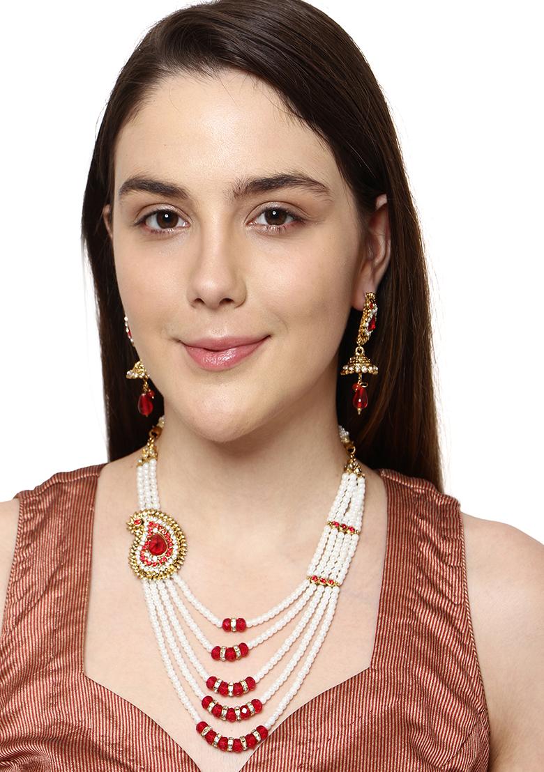 Multi Strand Pearl Strings Gold Plated Side Brooch Long Necklace