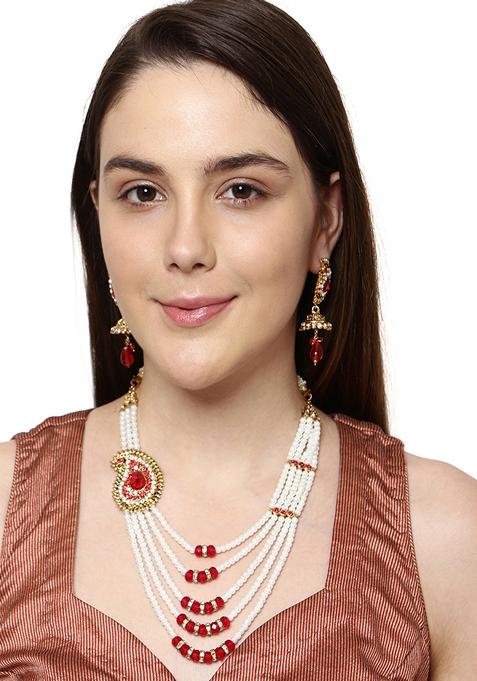 Multi Strand Pearl Strings Gold Plated Side Brooch Long Necklace