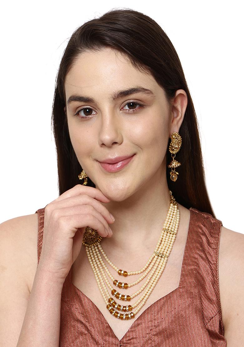 Multi Strand Pearl Strings Gold Plated Side Brooch Long Necklace