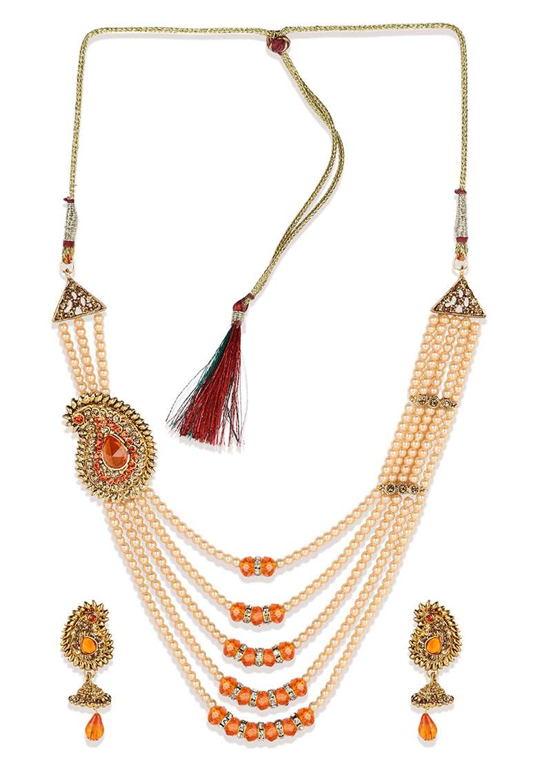 Multi Strand Pearl Strings Gold Plated Side Brooch Long Orange Necklace - Indya