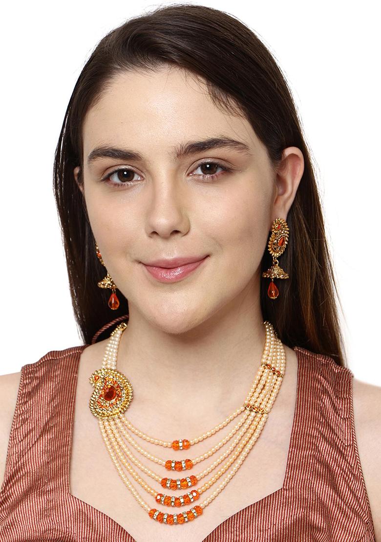 Multi Strand Pearl Strings Gold Plated Side Brooch Long Orange Necklace