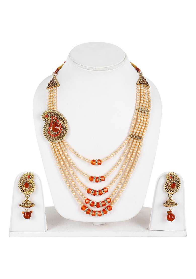 Multi Strand Pearl Strings Gold Plated Side Brooch Long Orange Necklace - Indya