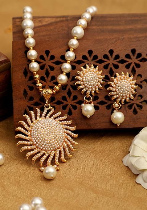 Designer Gold Plated Pearl And Stone Studded Sun Pendant Style Necklace