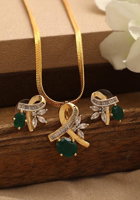 Gold Plated Green Stone And Cubic Zirconia Studded Pendant