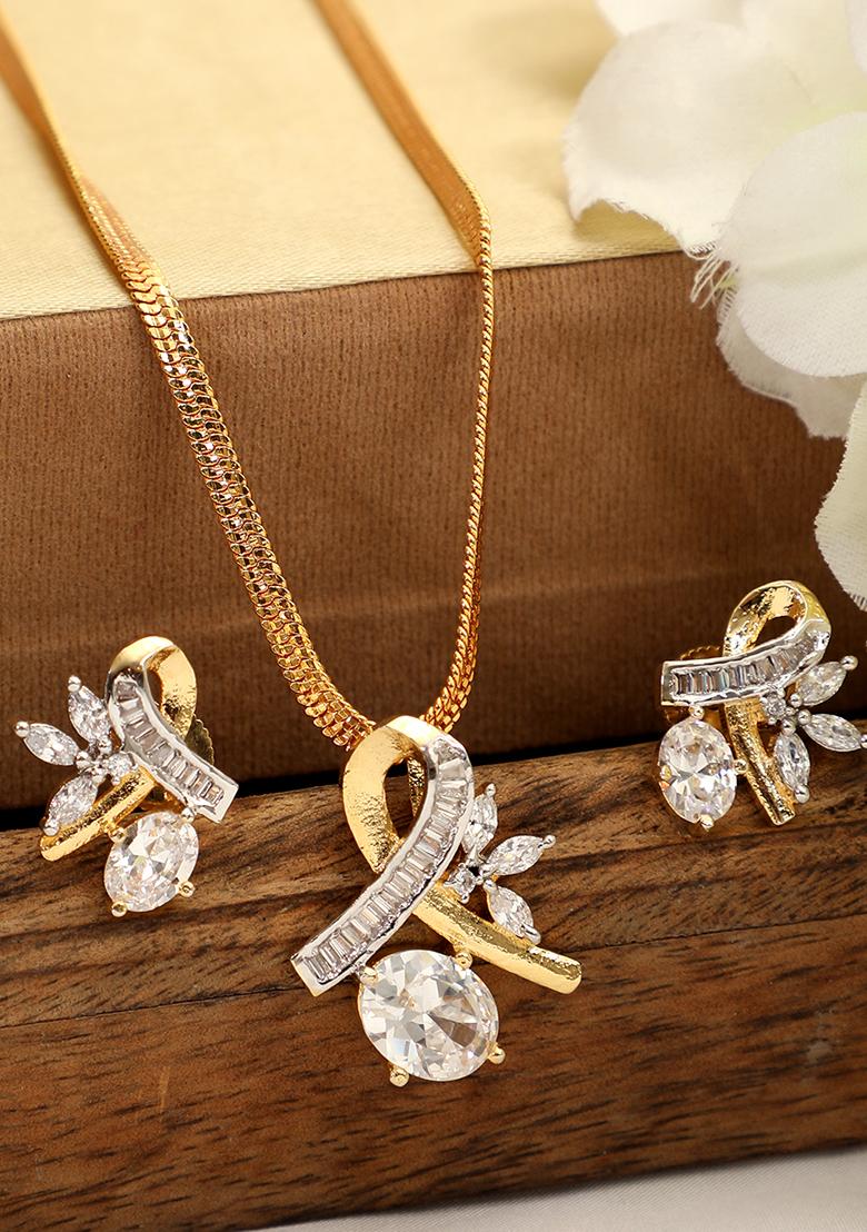 Gold Plated Green Stone And Cubic Zirconia Studded Pendant