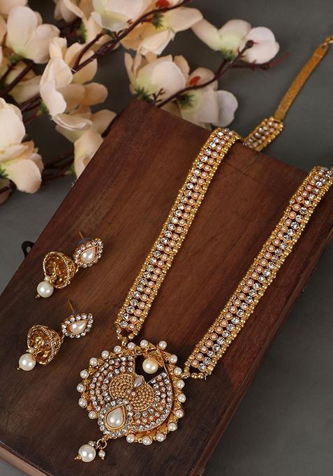 Gold Plated Designer Long Gold Pearl And Stone Studded South Indian Jewellery