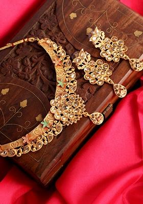Traditional Gold Plated Enamelled Stone Studded Designer Necklace