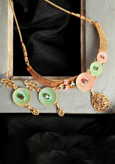 Traditional Gold Plated Enamelled Stone Studded Necklace