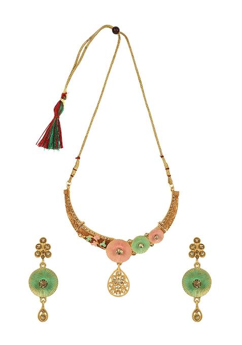 Traditional Gold Plated Enamelled Stone Studded Necklace