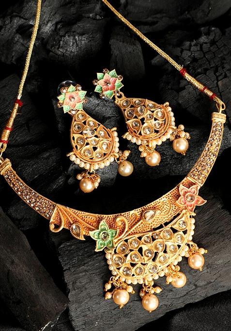 Traditional Gold Plated Enamelled Stone Studded Necklace