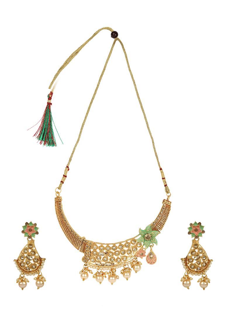 Traditional Gold Plated Enamelled Stone Studded Designer Necklace