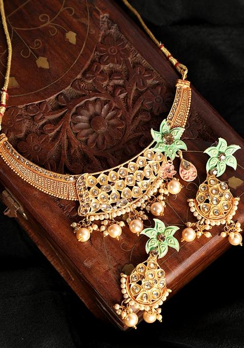 Traditional Gold Plated Enamelled Stone Studded Designer Necklace