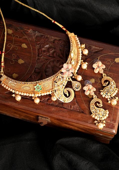 Traditional Gold Plated Mint And Peach Enamelled Stone Studded Designer Necklace