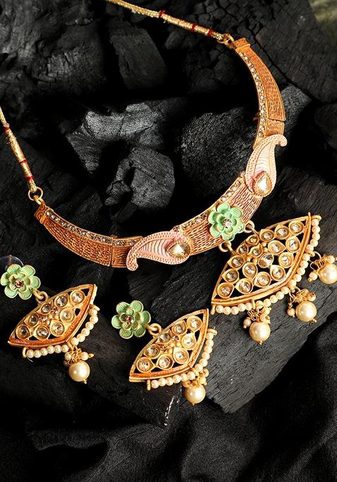 Traditional Gold Plated Mint And Pink Enamelled Stone Studded Designer Necklace