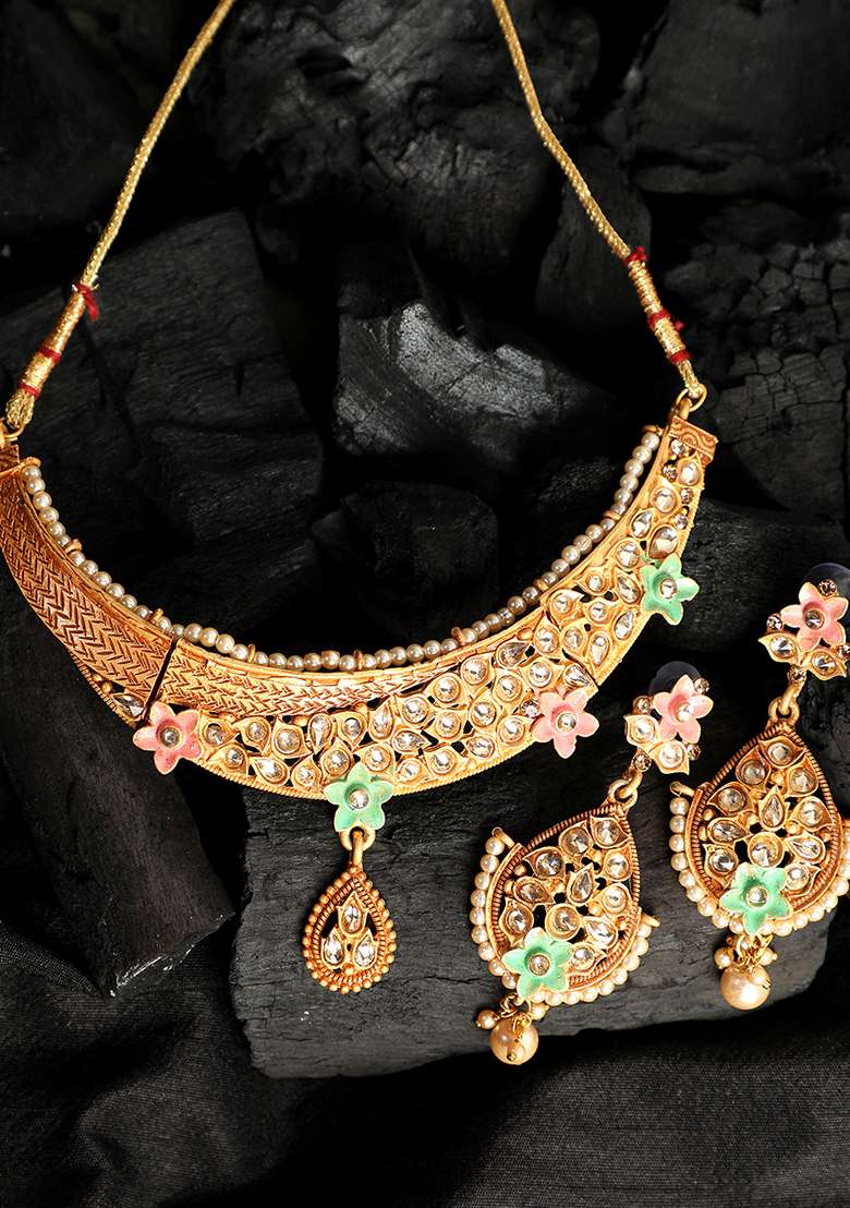 Traditional Gold Plated Mint And Peach Enamelled Stone Studded Designer Necklace - Indya