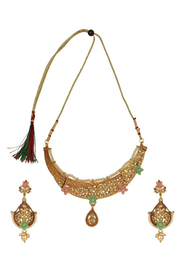 Traditional Gold Plated Mint And Peach Enamelled Stone Studded Designer Necklace - Indya