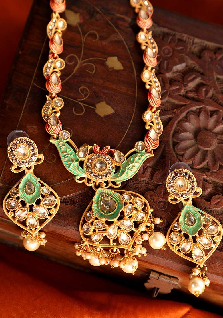 Traditional Gold Plated Mint And Pink Enamelled Stone Studded Designer Necklace - Indya