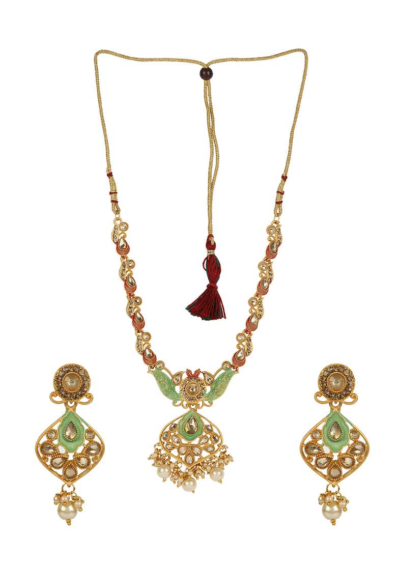 Traditional Gold Plated Mint And Pink Enamelled Stone Studded Designer Necklace - Indya