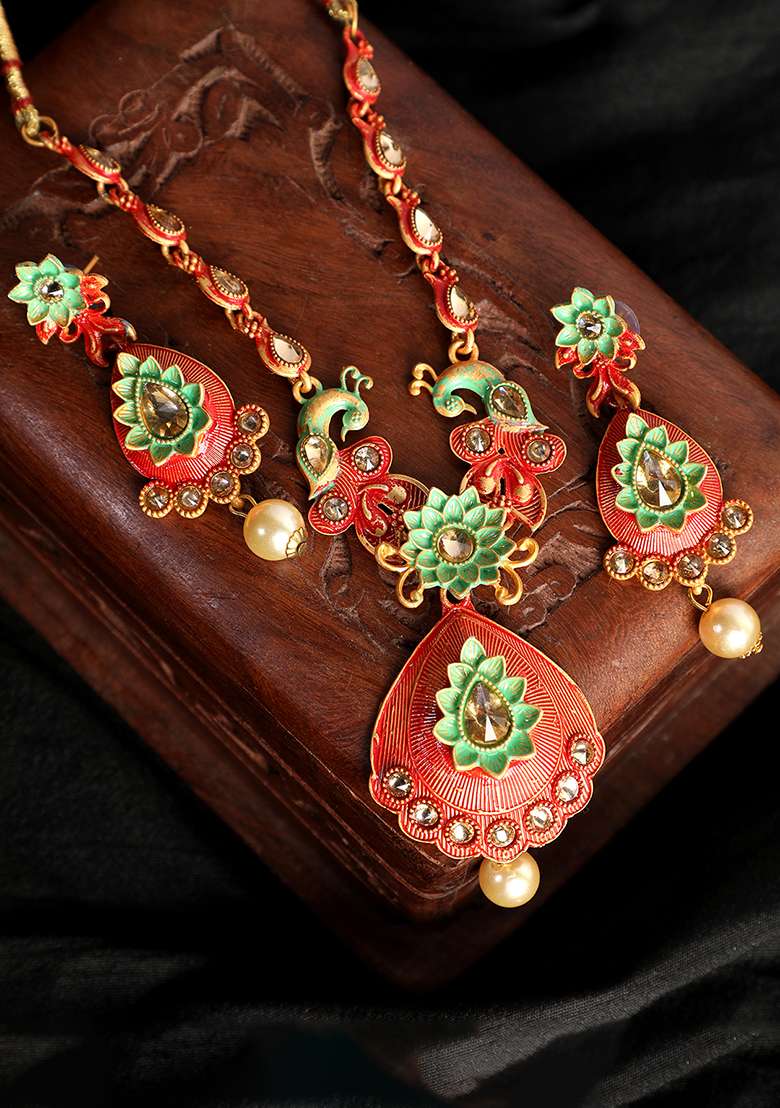 Traditional Gold Plated Mint And Red Enamelled Stone Studded Designer Necklace - Indya
