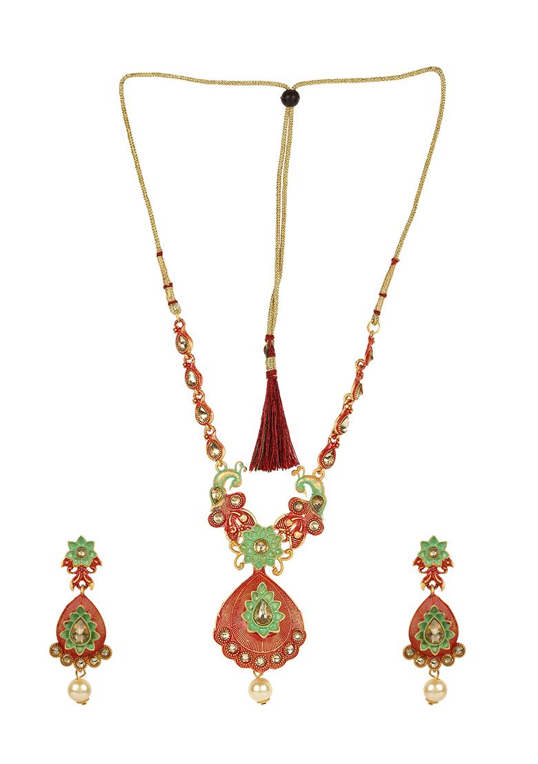 Traditional Gold Plated Mint And Red Enamelled Stone Studded Designer Necklace