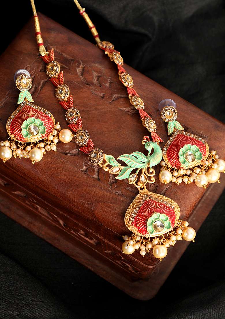 Traditional Gold Plated Mint And Red Enamelled Stone Studded Designer Necklace - Indya