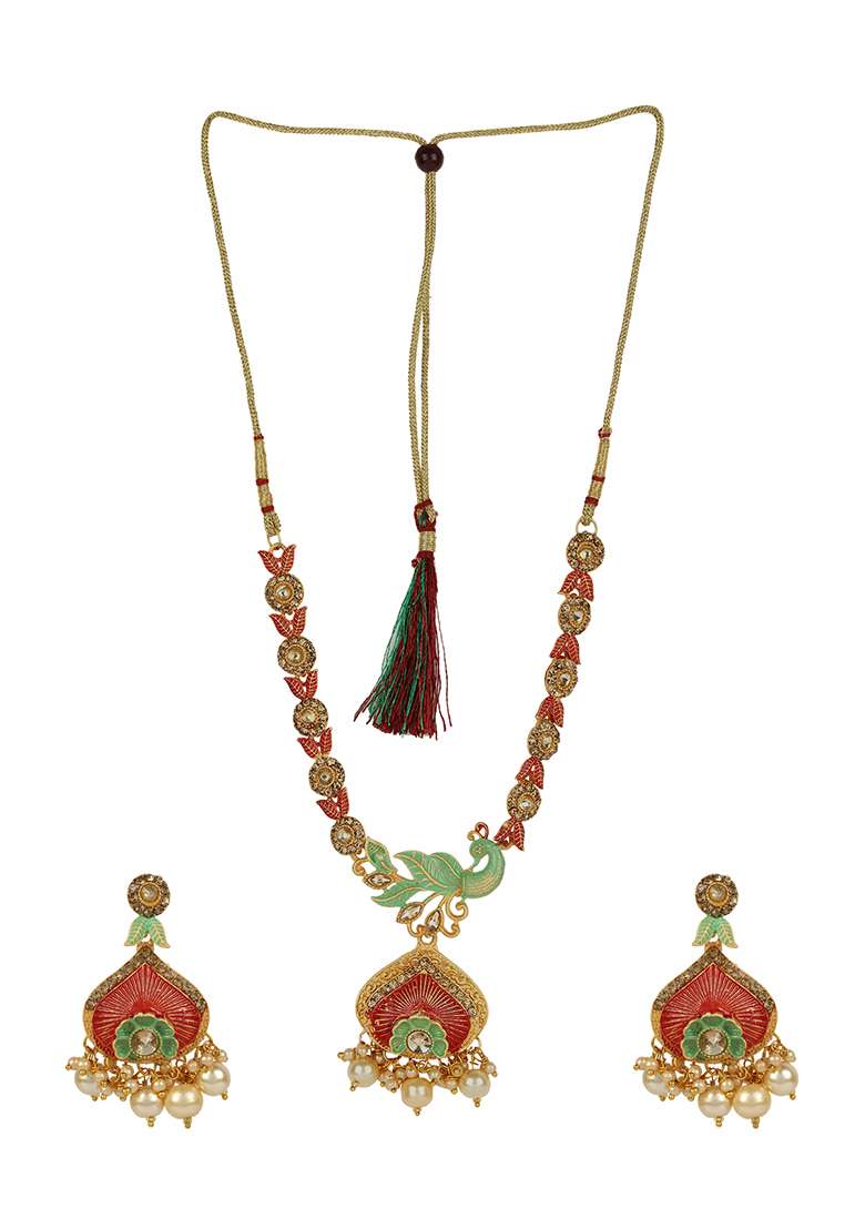 Traditional Gold Plated Mint And Red Enamelled Stone Studded Designer Necklace - Indya