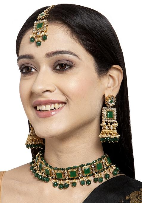 Traditional Gold Plated Kundan Green Choker Bridal Necklace