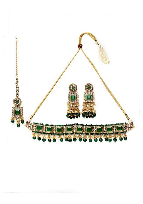 Traditional Gold Plated Kundan Green Choker Bridal Necklace