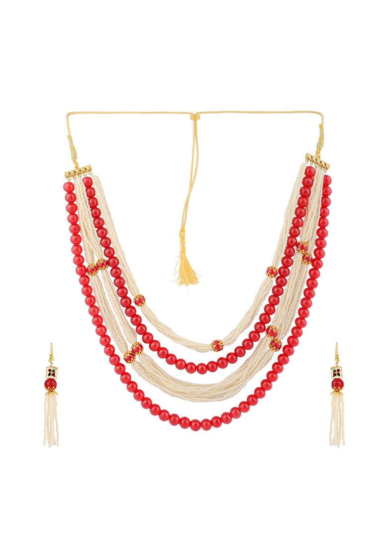 Designer Exclusive Bead And Pearl Red White Multi Strand Necklace