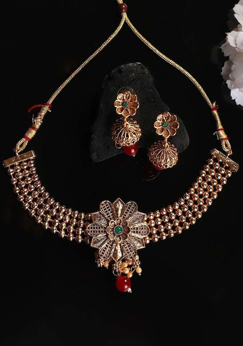 Classy Choker Gold Plated And Traditional Look Casting Work Ball Chain Necklace - Indya
