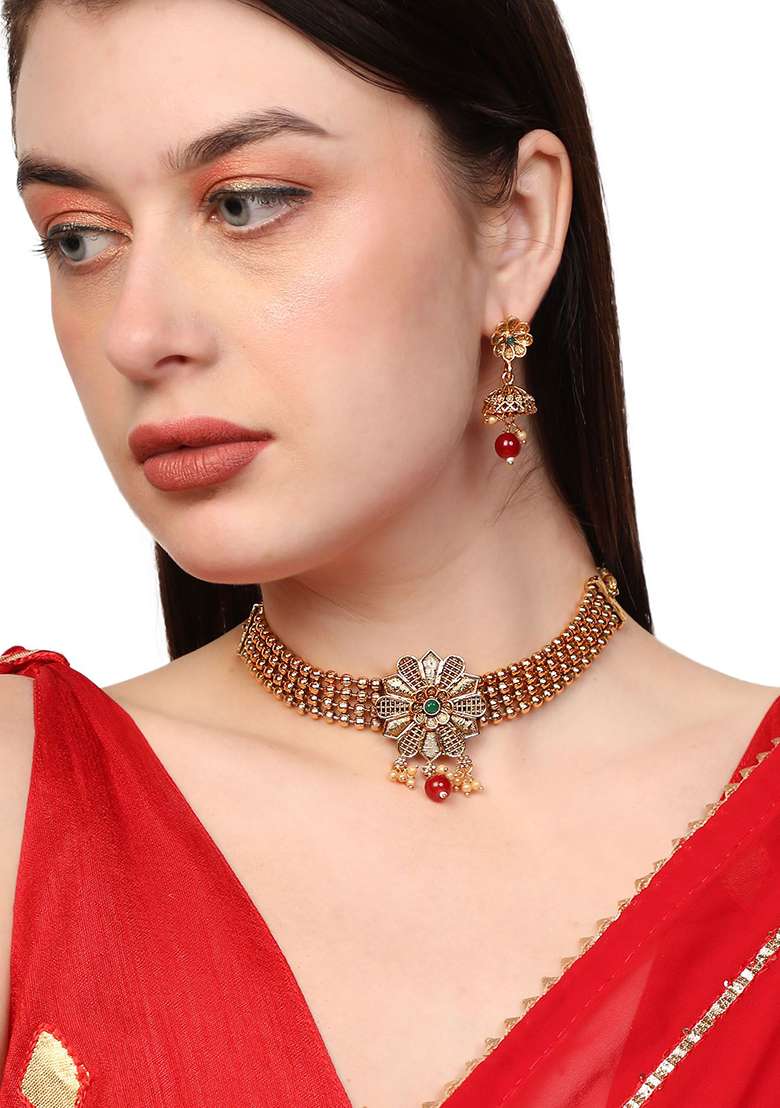 Classy Choker Gold Plated And Traditional Look Casting Work Ball Chain Necklace - Indya