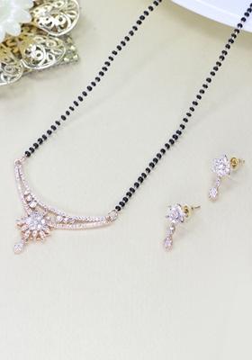 Rose Gold Plated Traditional Single Line American Diamond Pendant With Black Bead Chain Mangalsutra