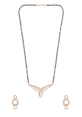 Rose Gold Plated Traditional Single Line American Diamond Pendant With Black Bead Chain Mangalsutra