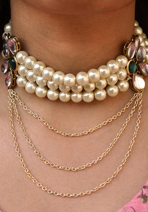 White Pearl And Kundan Multi Chain Necklace