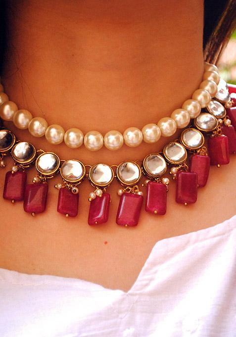 Red Semi Precious Stone And Kundan Necklace